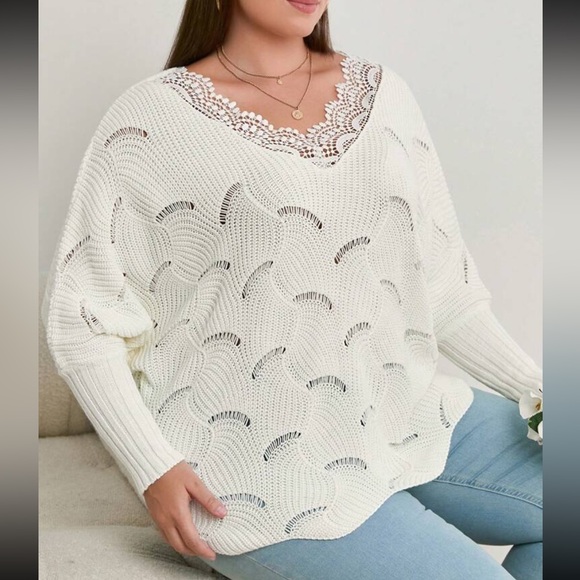 Boho Sheer Mesh Lace V Neck Long Cuff Sleeve Knit Sweater Top - Picture 3 of 5